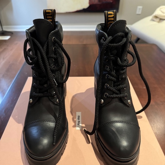 Miu Miu Black Leather Lace-Up Combat Boots - Picture 4 of 6